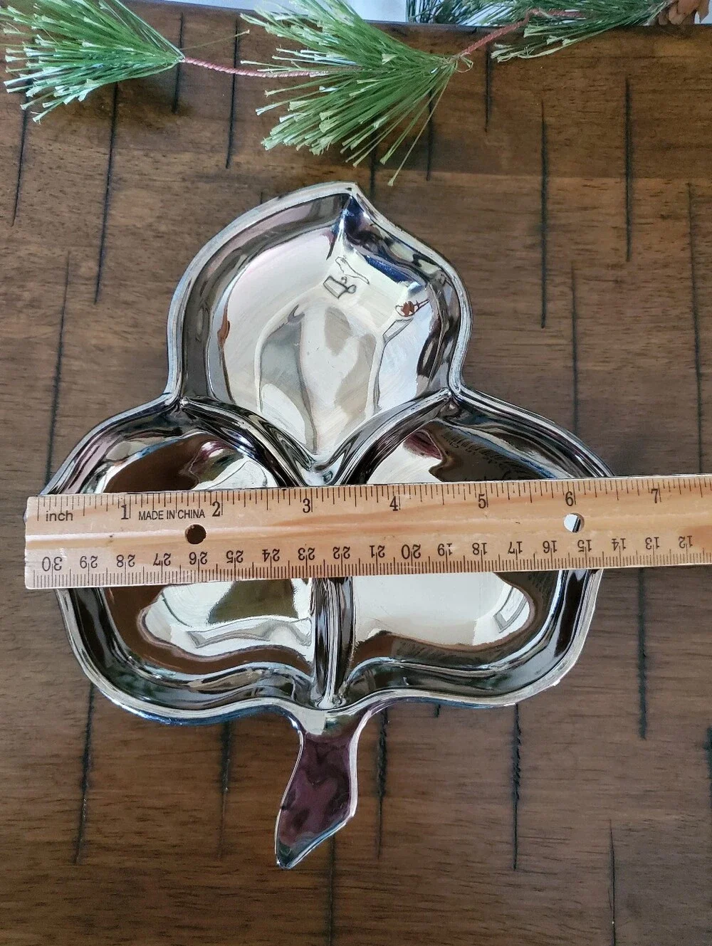 Vintage MCM Mercury Glass Divided Maple Leaf Dish Silver Lusterware